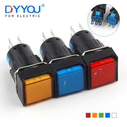 16MM Small Square Push Button Switch 3 Pin 6 Pin Self-Locking Self-Reset No Light Start Up Switches With Socket Red Blue Green