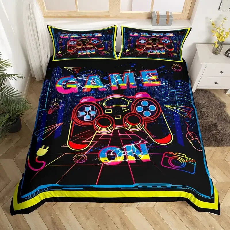 Gaming Bedding Set Hippie Graffiti Game Duvet Cover Set King Gamer Neon Purple Pink Quilt Cover Modern Gamepad Bedspread Cover