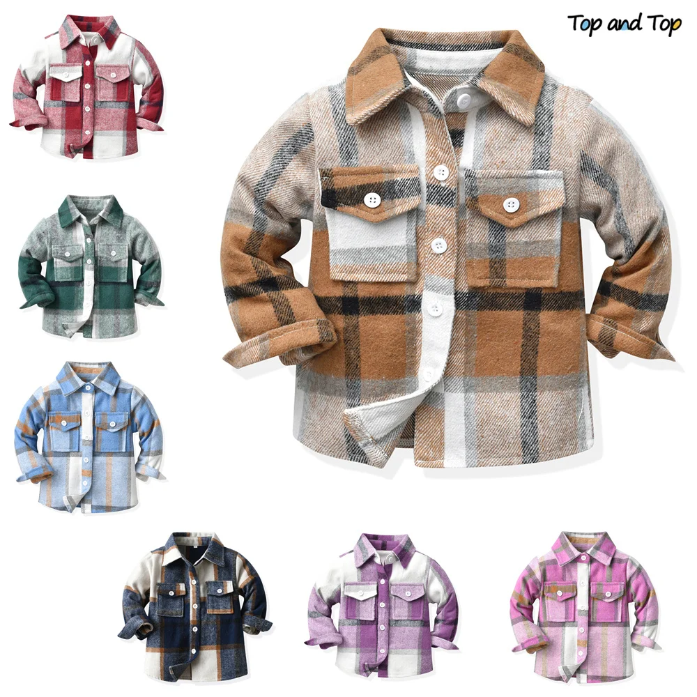 top and top Spring Autumn New Kids Boys Girls Casual Jacket Coats Children Long Sleeve Buttons Down Plaid Tops Toddler Outerwear