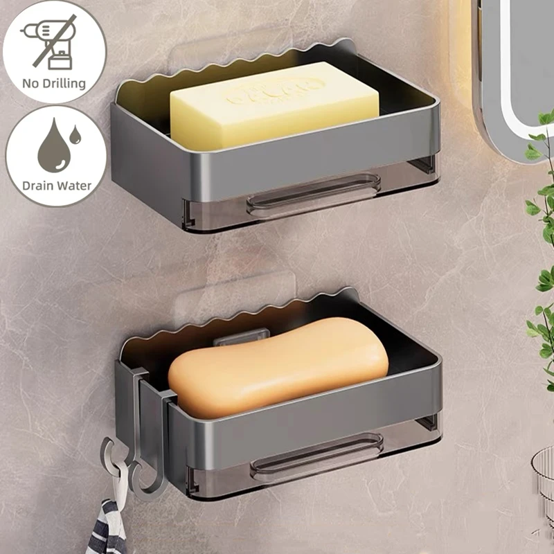 

Dathroom Soap Dish With Drain Water Without Drilling Wall Mounted Soap Box Shower Soap Holder Bathroom Accessories