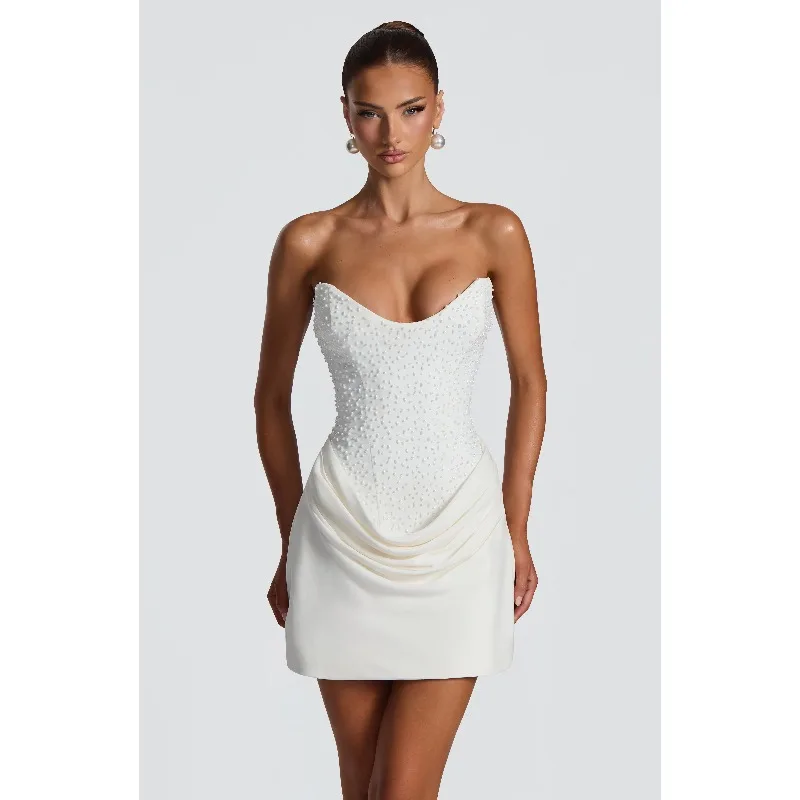 Customized Beaded Rhinestone Bustier Draped Bodycon Short Dress Women Off Shoulder Strapless Corset Mini Dress Wedding Bridal