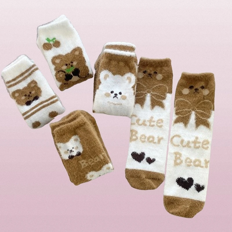 5/10 Pairs High Quality Cartoon Breathable Socks For Women Mink Velvet Mid-tube Socks Furry Coffee-colored Coral Velvet Socks