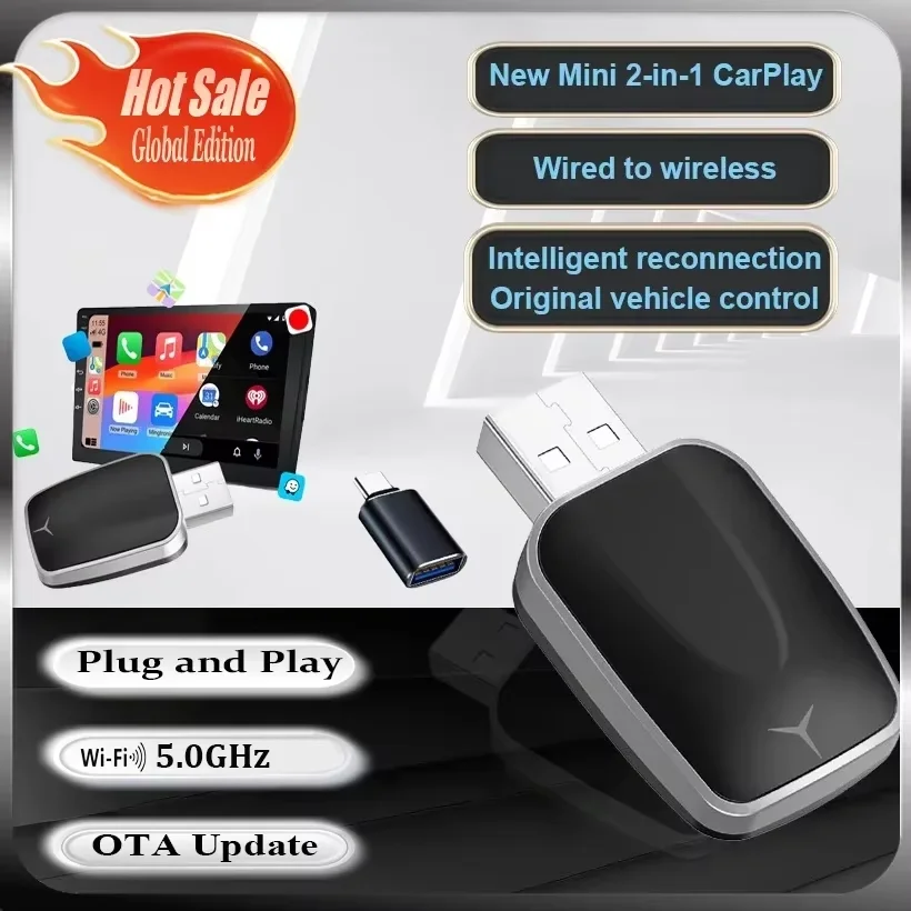Top 2-in-1 Wireless Carplay Adapter, Convert Wired to Wireless Carplay Adapter for iPhone, Wirelessly Control Plug and Play