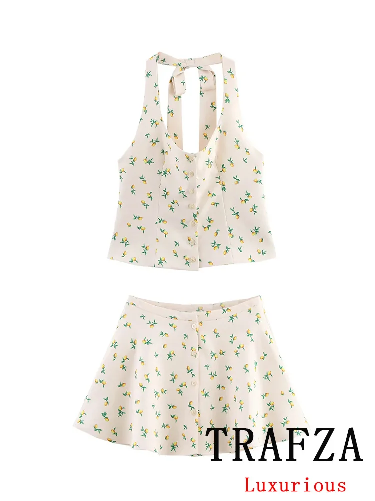 

TRAFZA Casual Print Chic Women Suit Halter Single Breasted Vest Loose Short Folds Skirt Fashion 2025 Spring Summer Female Sets
