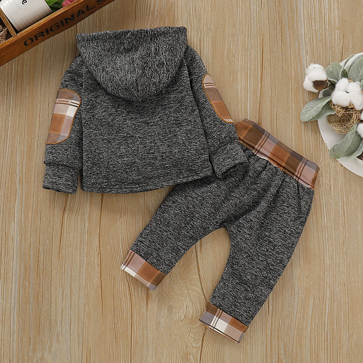 2PCS Baby Boys Clothing Casual Cute Stitching Hooded Sweatshirt & Pants Set With Plaid Pattern Autumn And Spring For Toddler Boy