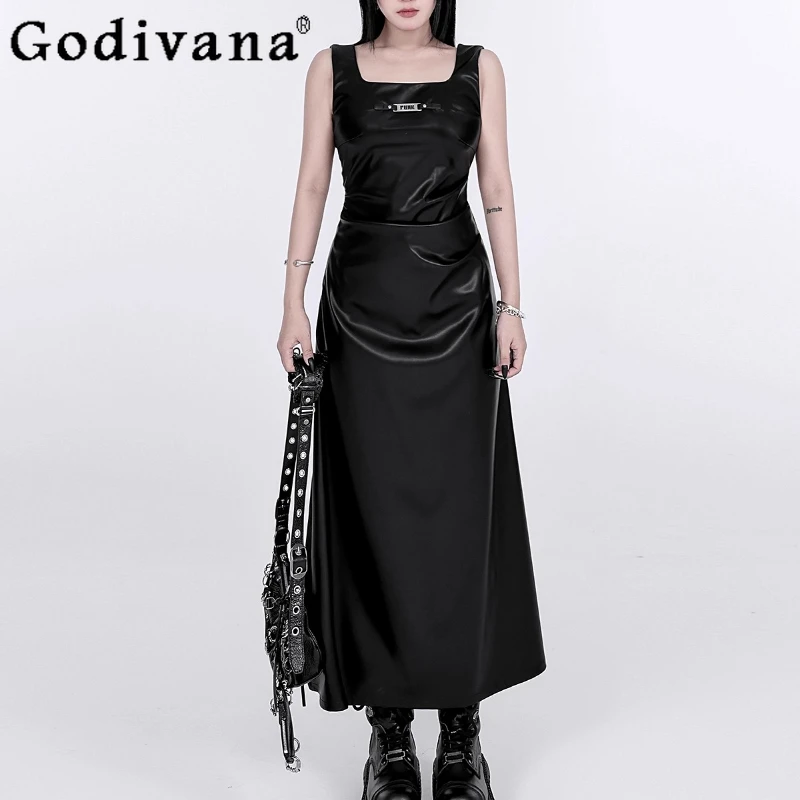 

Faux Leather PU Elastic Waist Pleated Leather Split Long Dress Autumn Winter Temperament Square Collar High Waist Sexy Dresses