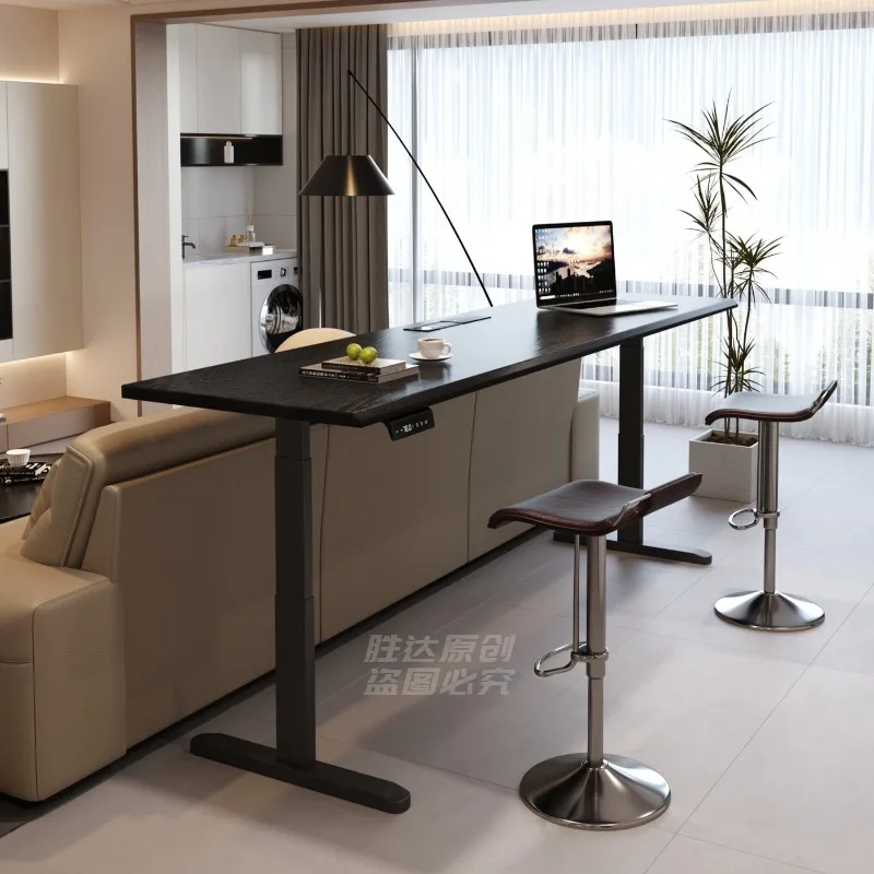 High-grade black solid wood bar table, sofa back long table, intelligent electric lifting table, double desk study table