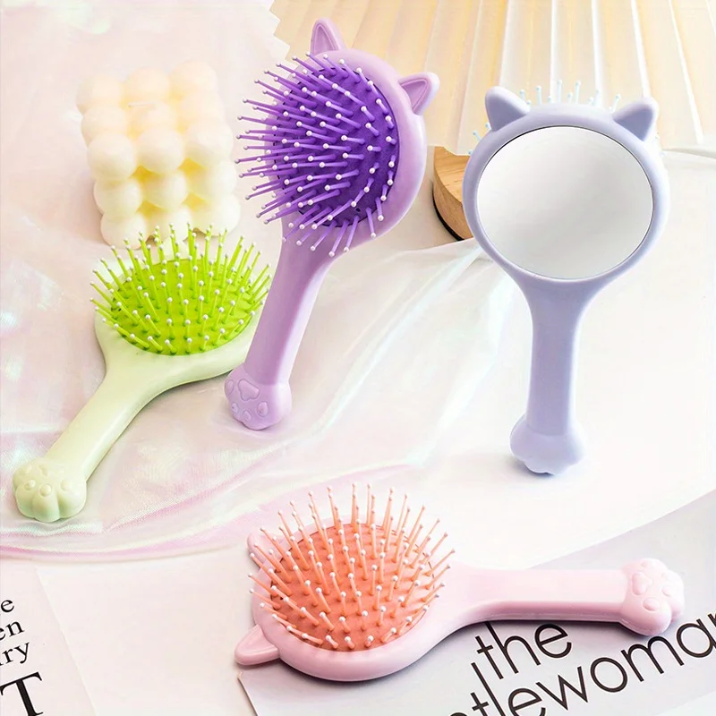 

Mini Cat Ear Massage Airbag Hair Brush With Makeup Mirror Cartoon Hairdressing Comb For Girls
