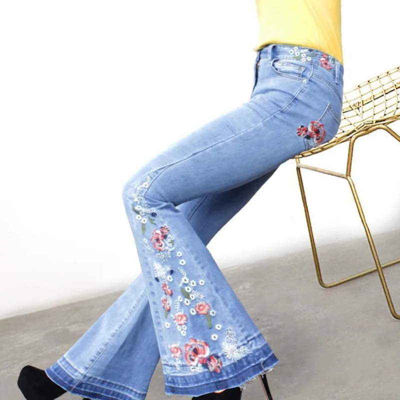 Vintage Floral Embroidered Flared Jeans For Women 2025 Summer New Light Color Stretch High Waist Slim Denim Trousers