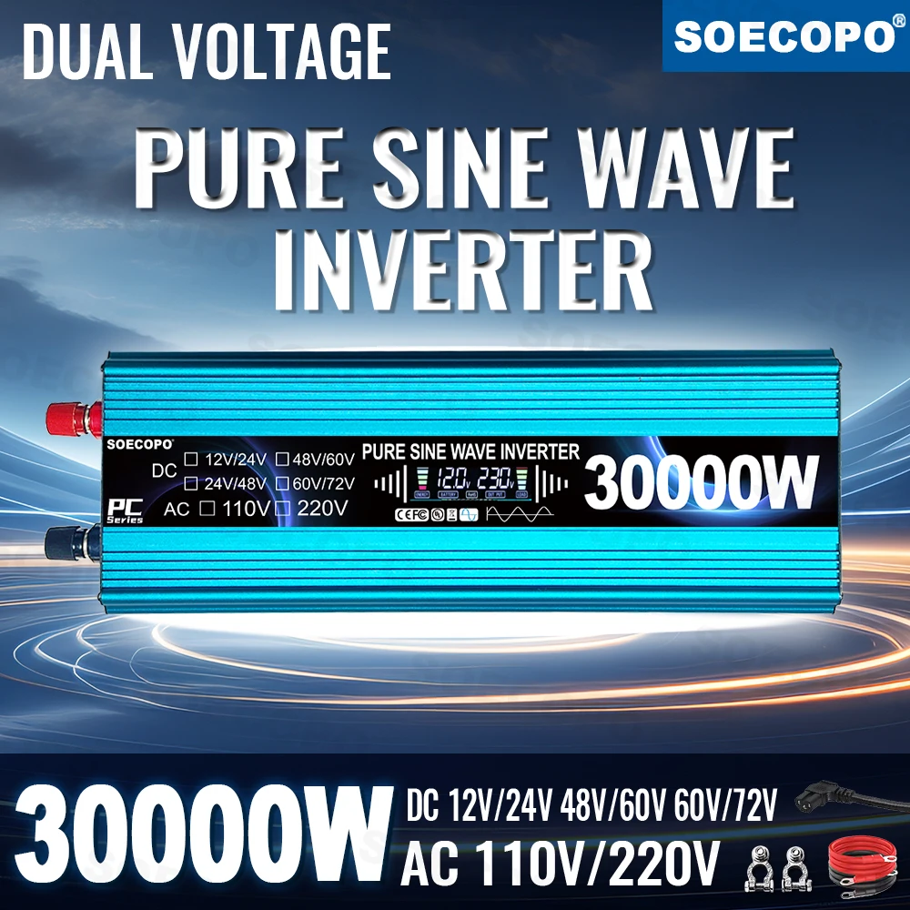 

SOECOPO 30000W Pure Sine Wave Inverter DC12V/24V to 110V/220V Car Voltage Converter (Dual voltage Input) Camping Car Accessories