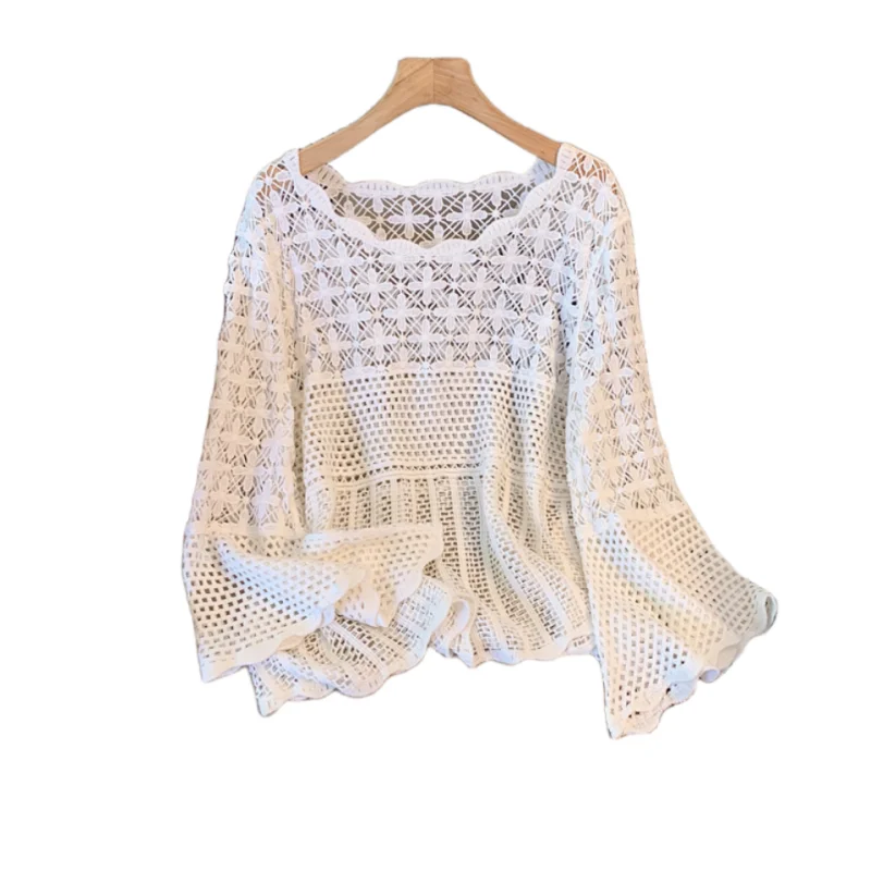 plus Size Knitted Sweater Hollow out Floral Embroidery Casual Top Pure Color Overalls Spring Autumn Faion Bell Sve Outer...