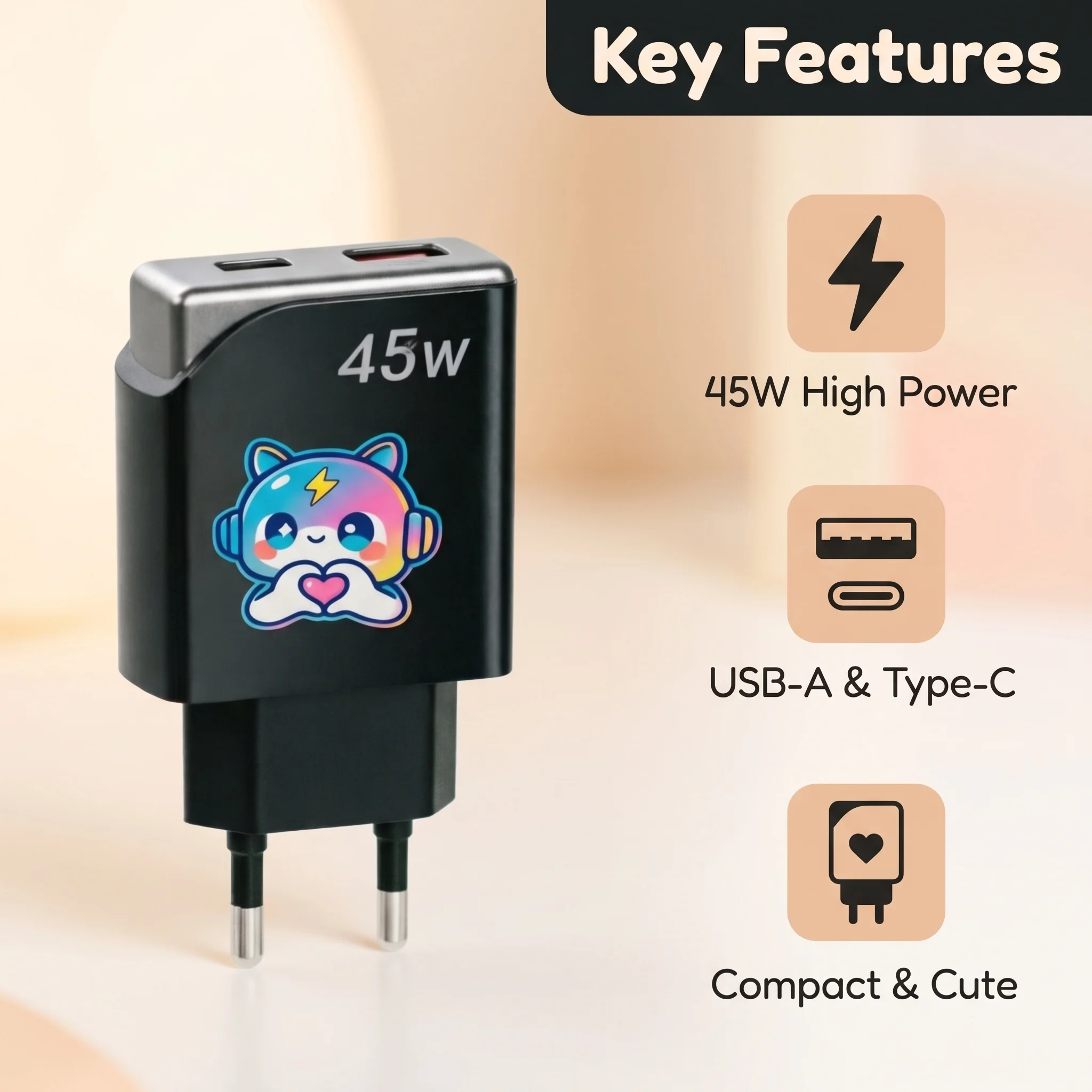 45W GaN Cute Cartoon Fast Charger EU Plug, Dual USB-A & Type-C Port Wall Charger for Multi Devices Home Office Travel
