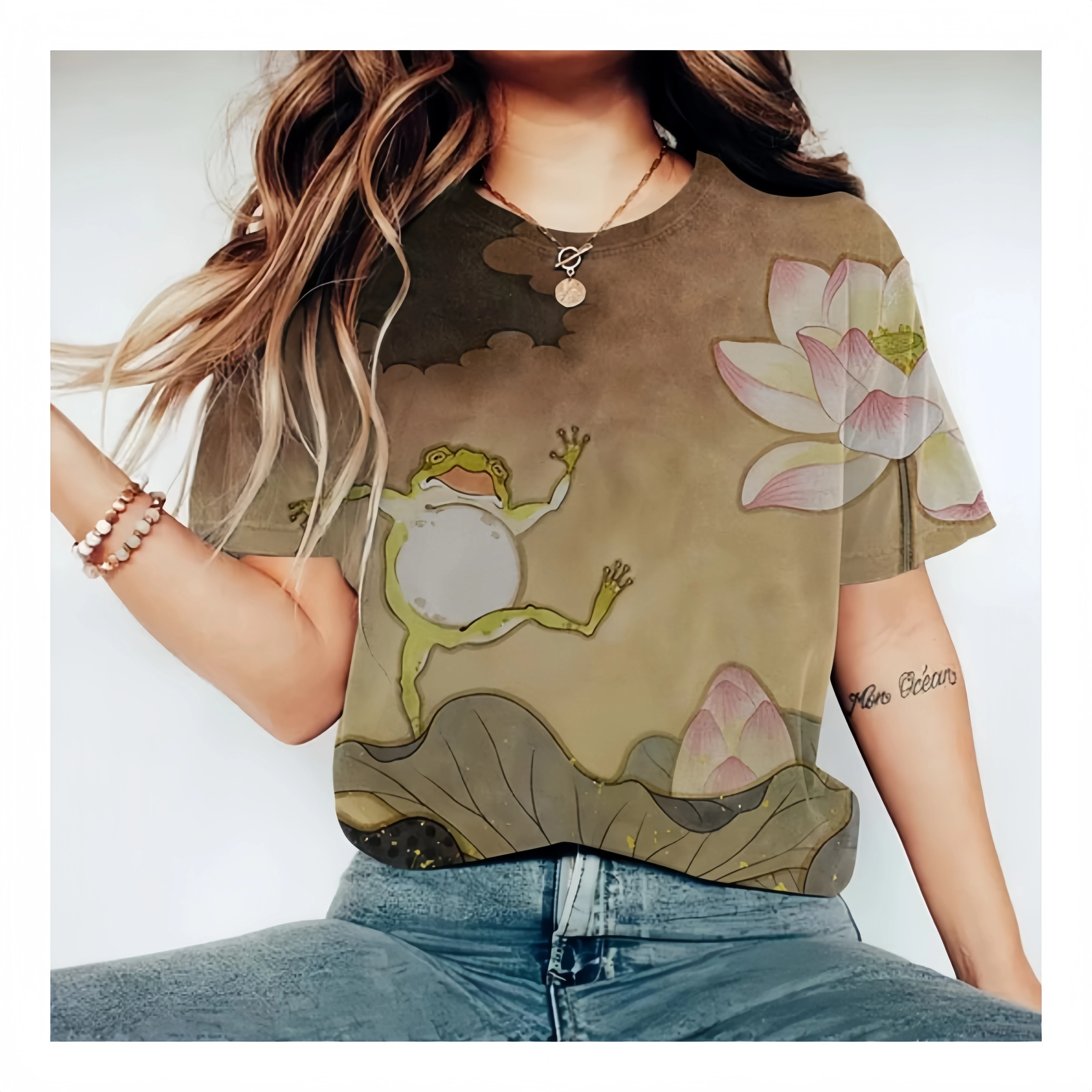 

Summer Women's Casual Short Sleeved O Neck Loose Breathable T Shirt Frog Lotus Print