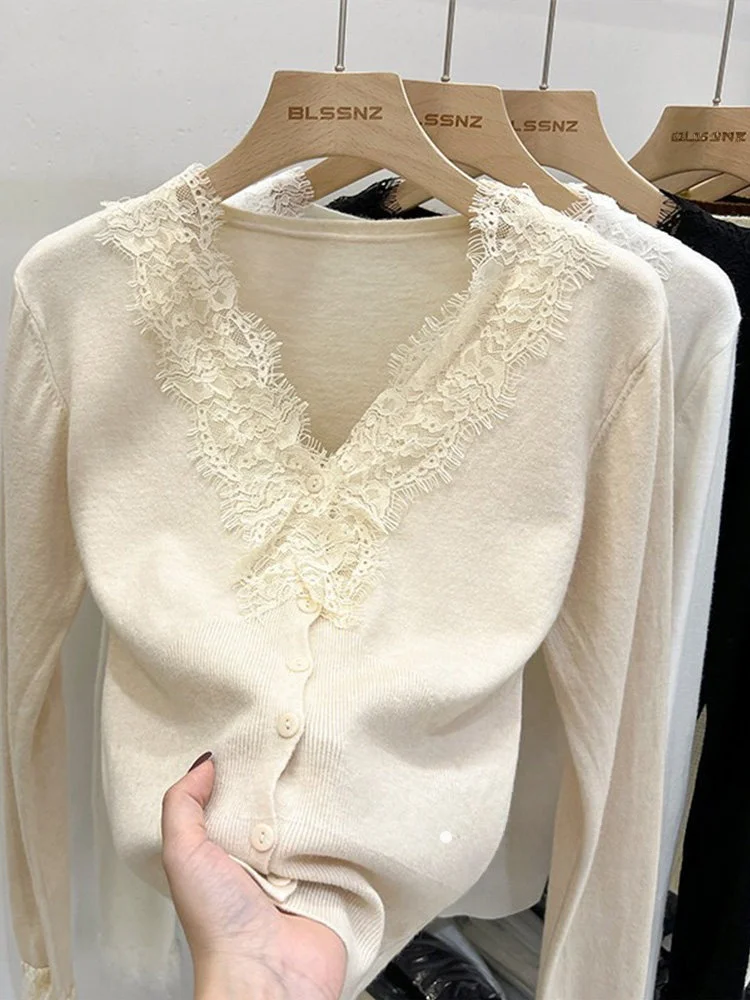 Lace V-Ne Knitted Sweater Women's Open Cardigan ort Top Base irt Winter Design Sense Unique And Special Korean Sle