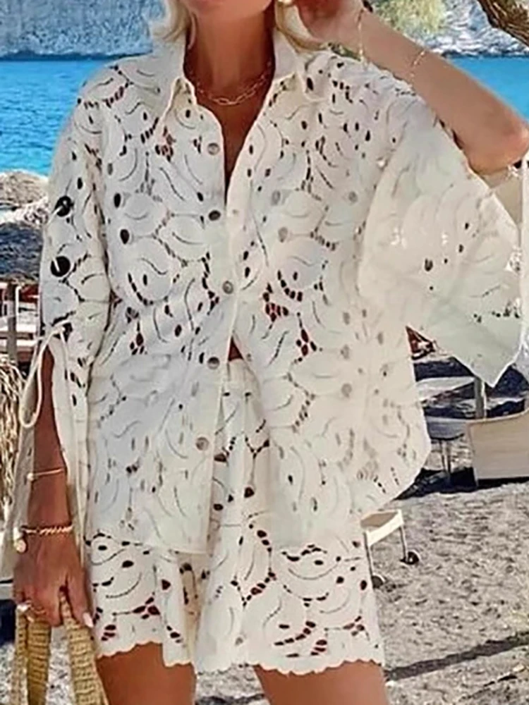 

White Single Breasted Loose Shirt Suit Casual 2025 New Beach Shorts Outfits Lace Hollowed Out Long Sleeved Holiday 2 Piece Set