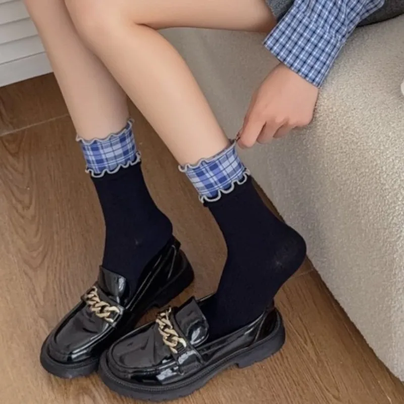 Fall/Winter New Style Women's Mid-Calf Socks with Wooden Ear Decorations Trendy Brand Casual Checkered Cotton Socks