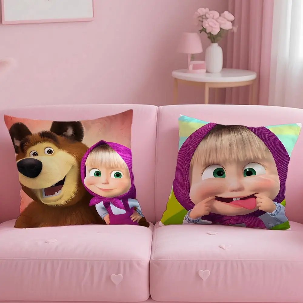 Classic Cartoon Masha and the Bear Cushion Cover Soft & Easy-Wash Pillow Case – Versatile for Couch, Bed, Travel and Office