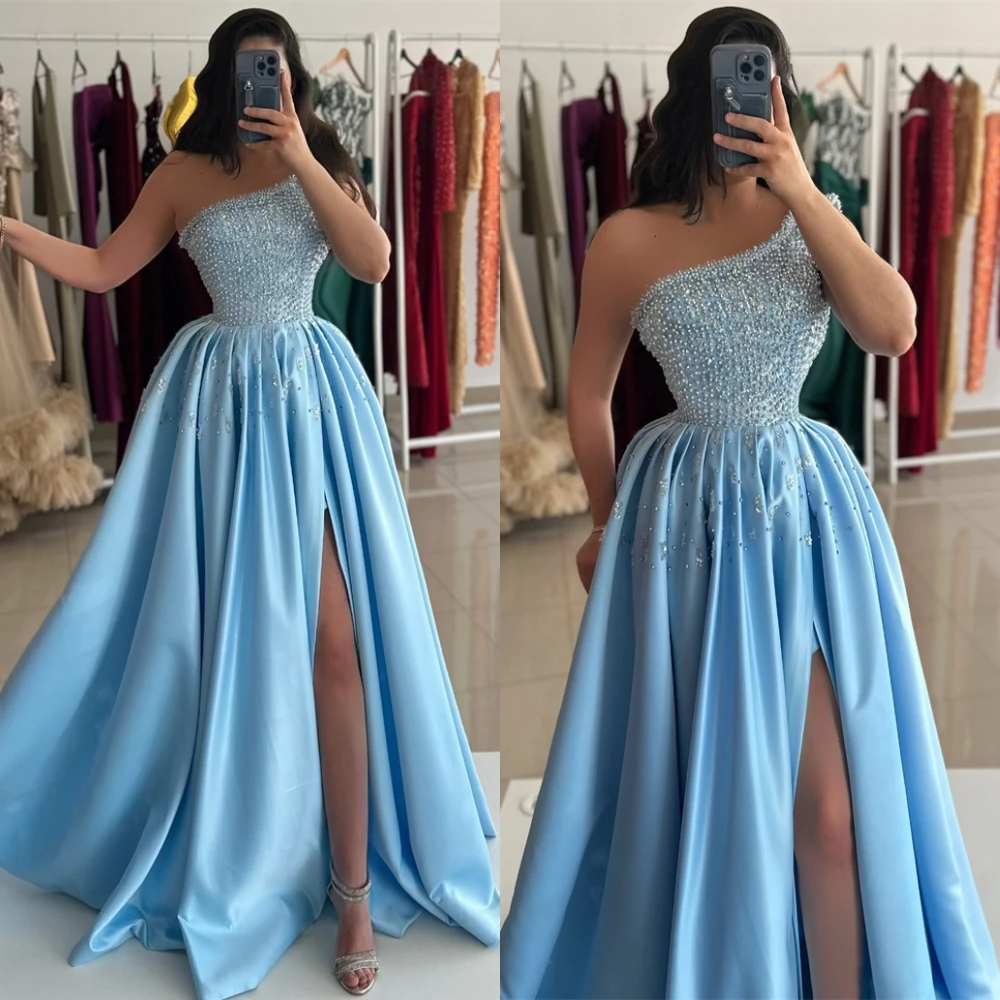 Customized Graceful One Shoulder Evening Dress and Temperament Satin Special Occasion Gowns and Delicate Sleeveless Prom Dresses