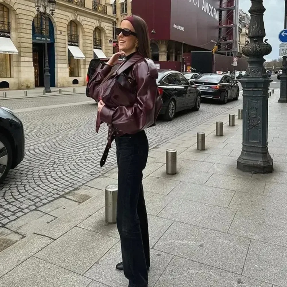 Pop moda lapela cinto de couro do plutônio colheita casaco feminino elegante manga comprida zíper jaquetas do plutônio senhora streetwears roupas jaqueta de couro