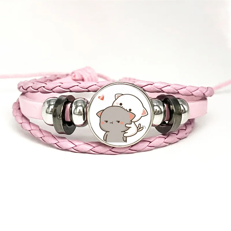 Pulsera de cuero rojo para pareja, brazalete multicapa con botón de cabujón de cristal, bonito gato Mitao rosa, regalo