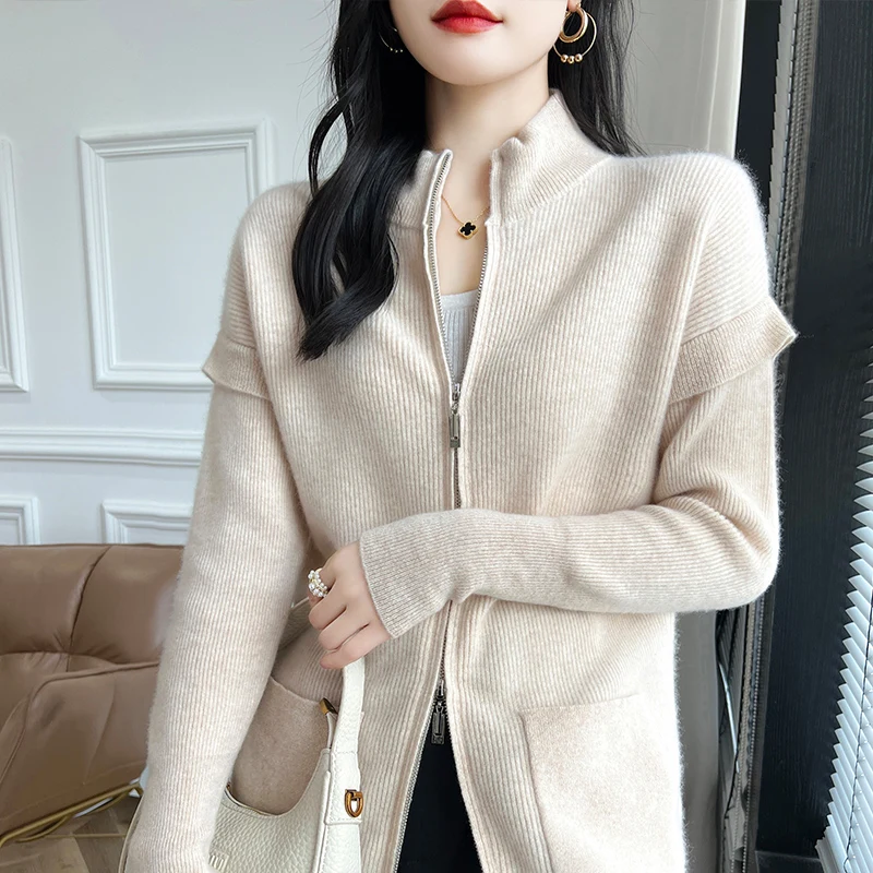 High-Density Warm Wool Cardigan Women Stand Collar Commuter Double Zipper Knit Coat Sleeve Flower Top Autumn and Winter Sweater