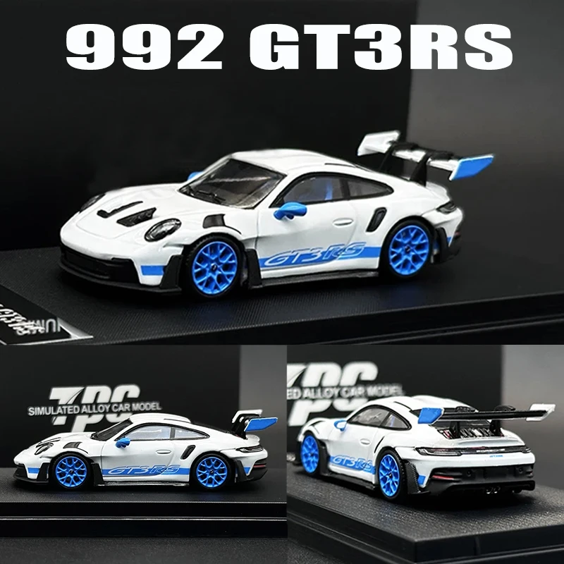 

TPC 1:64 992 GT3RS White Blue Wheel Hub Diecast Diorama Car Model Collection Miniature Toy