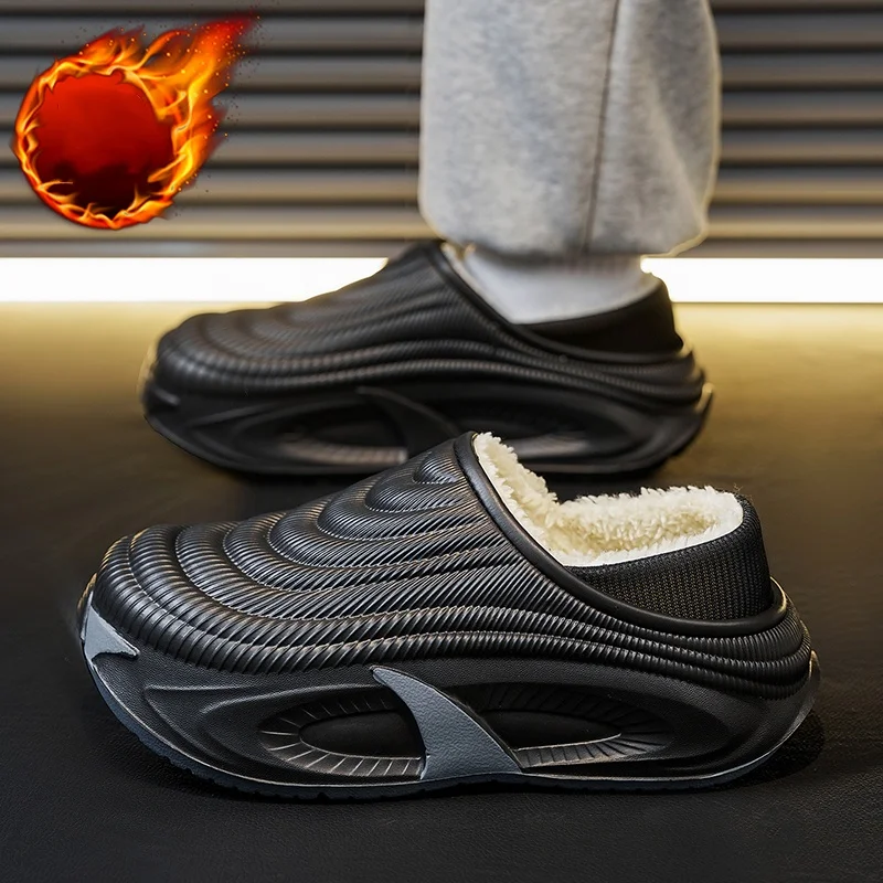 Men's Autumn‑Winter Full‑Heel‑Cover Slippers, EVA Waterproof Shell, Fleece‑Lined Thick Plush Interior, Thick‑Sole Anti‑Slip Indo