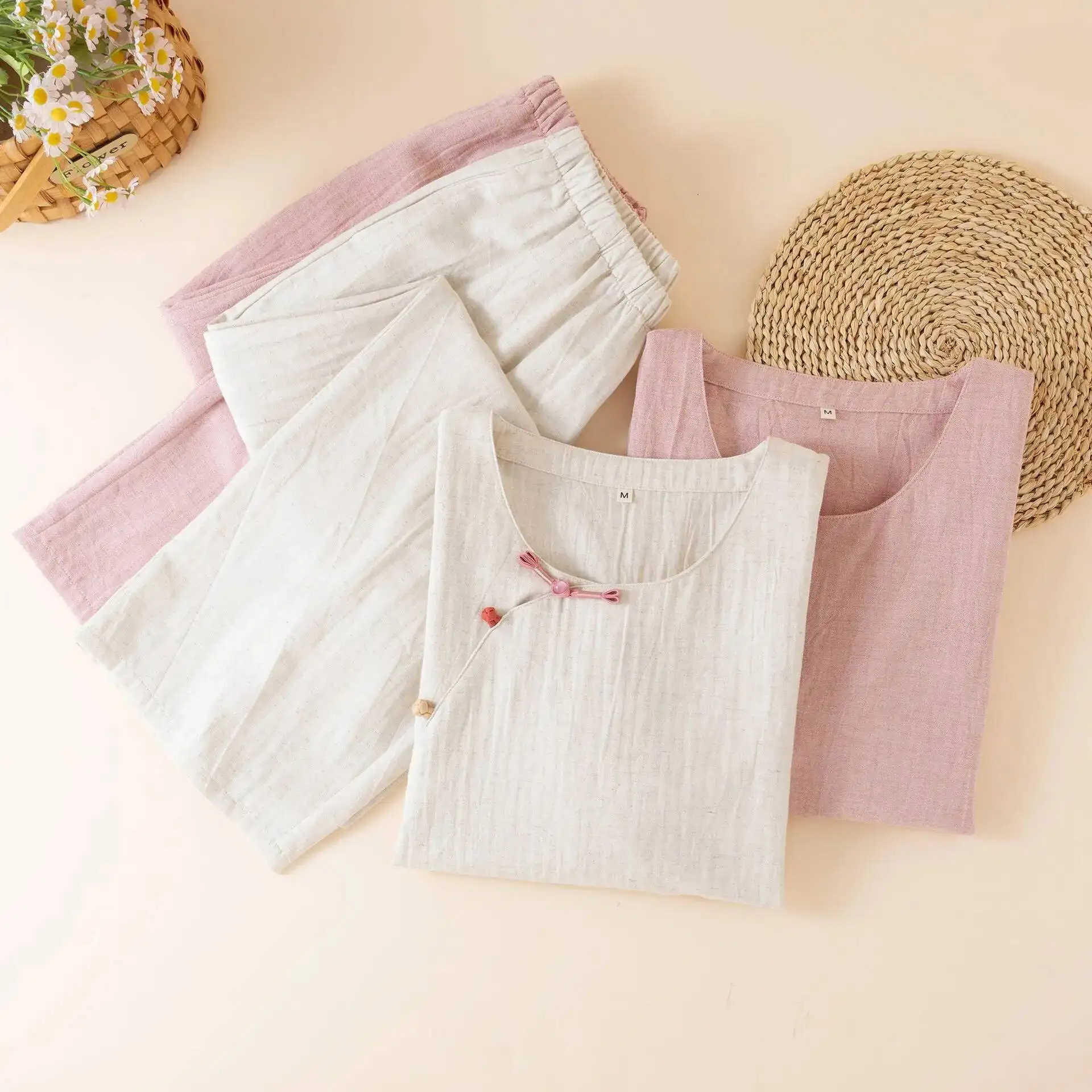 

Хлопково-льняной красочный пижамный комплект на пуговицах для весны и лета, свободные женские пижамы в национальном стиле с круглым вырезом