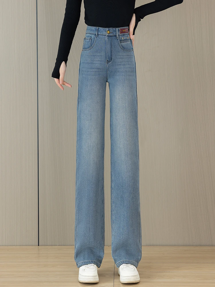 

Slim Fit Bootcut Jeans Women's High Waist Thickened Fleece Autumn Winter New Style Blue Jeans Straight Leg Pants