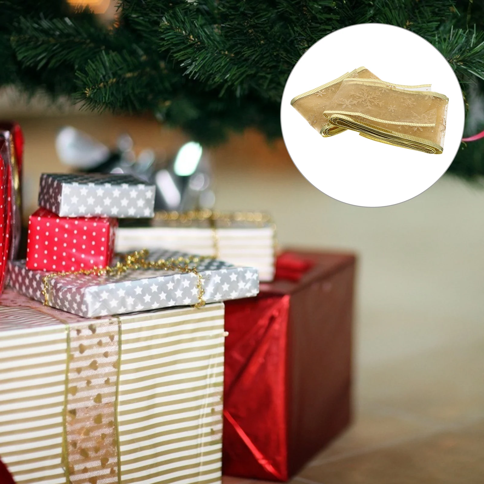 

2pcs Gold Wired Sheer Glitter Snowflake Ribbon for Christmas Gift Wrapping Decor Elegant Flexible Durability Packaging