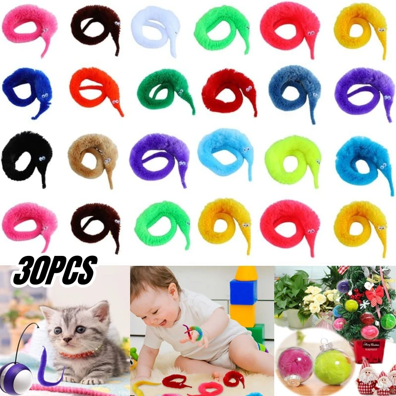 

30PCS Fuzzy Magic Worm Trick Toys Children Magic Tricks Games Practical Jokes Props Cat Wand Toy Boys Girls Colorful Xmas Gifts