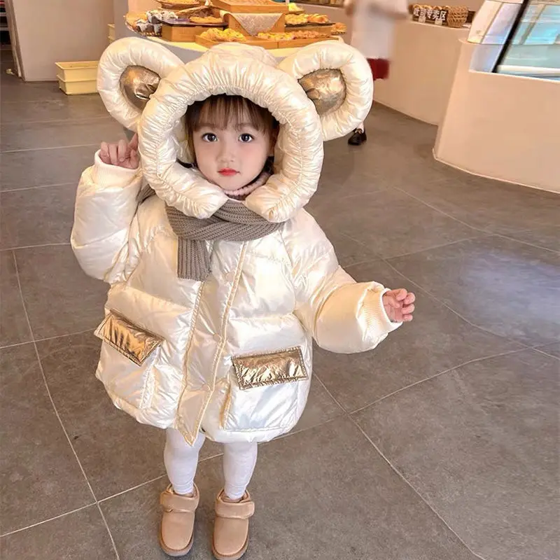 3-9 Years Girls Winter Jacket Christmas Princess Coats For Girls Parkas Cute Big Ear Bright Hooded Children Waterproof Outerwear