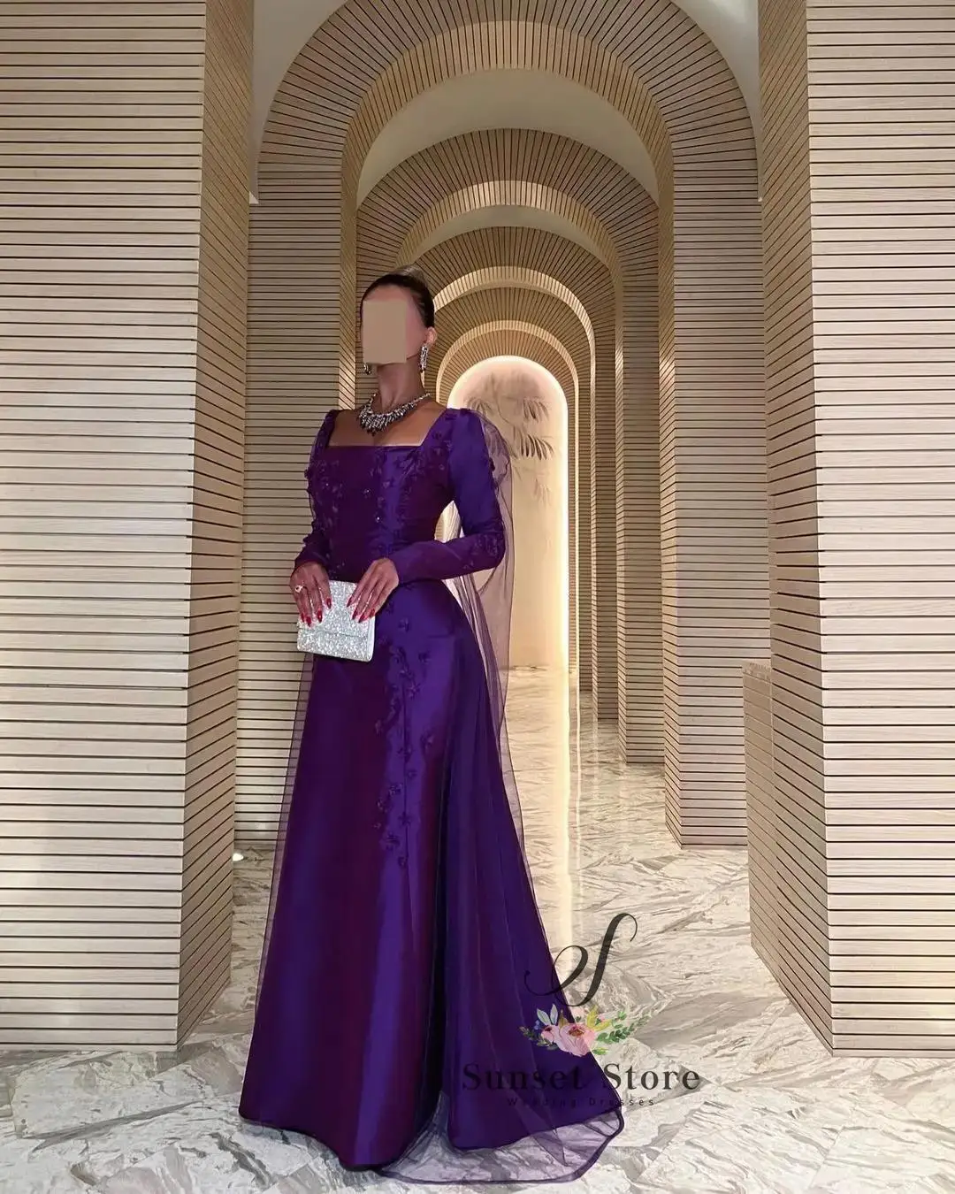 Customized  Long Sleeves Purple Prom Dresses Square Neck Flowers Floor Length Party Dresses Formal Evening Dresses2025