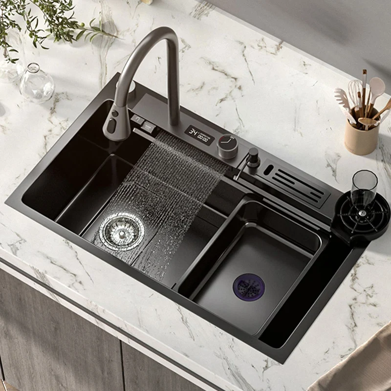 304 Stainless Steel Waterfall Kitchen Sink Digital Display Large Multifunctional Single Sink With Knife Holder