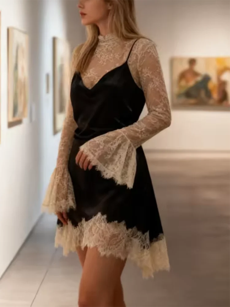 Abito trasparente a vita alta con temperamento Abito allacciato alla caviglia in raso con giunture in pizzo alla moda Mini abito aderente a maniche lunghe con blocchi di colore elegante