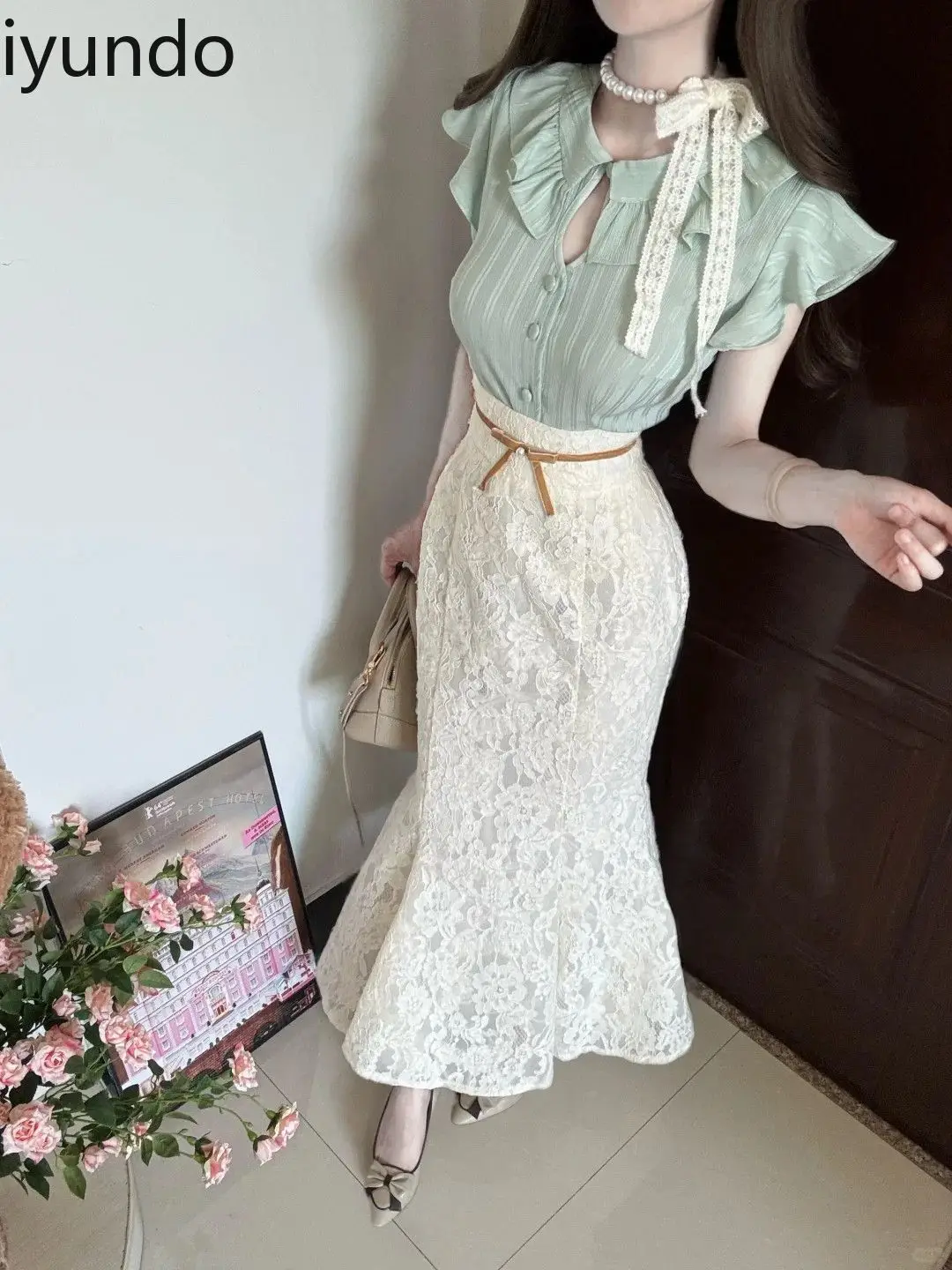 2025 Summer Women's Set French Vintage Ruffled Sleeves Blouse & High Waist Hip-Hugger Lace Mermaid Skirt Elegant Boho Outfit