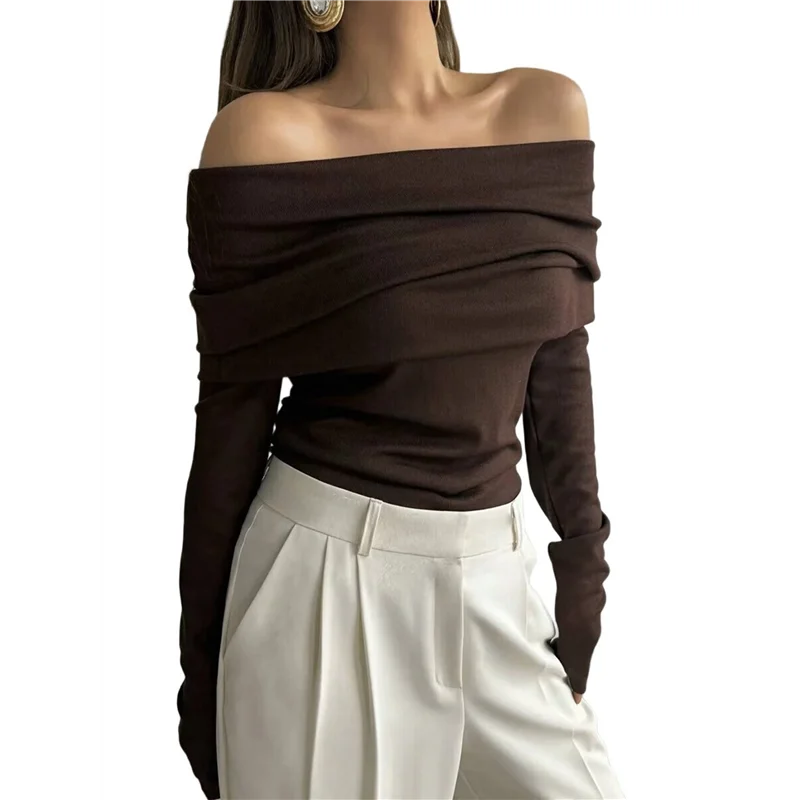 Schulterfreier Langarm-Body für Damen, schlankmachender Body, Oberteil, durchsichtiges Netz, gerüschte Outfits-A55G