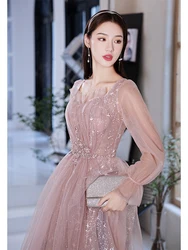 Robe de soiree Pink Shiny Star Prom Gowns Long Sleeves Formal Evening Dresses Floor-Length Cocktail Party Dress customized