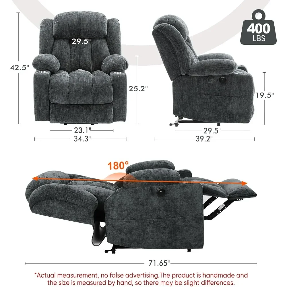 Dual Motor Lay Flat Power Lift Recliner with Heat & Massage, Cup Holders, Side Pocket, USB-A & C Ports