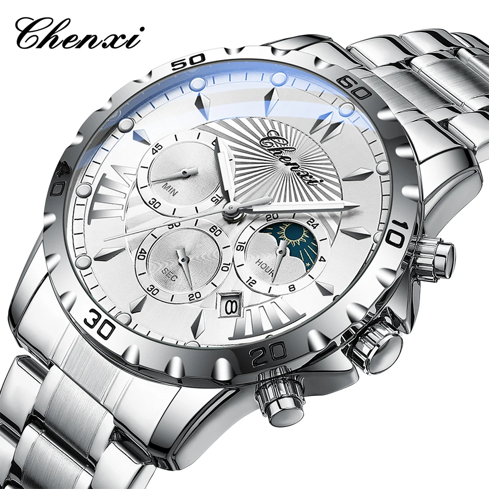Business Men's Watch Luminous Waterproof Round Dial Man Watch CHENXI Calendar Display Stainless Steel Band Men's Wristwatch