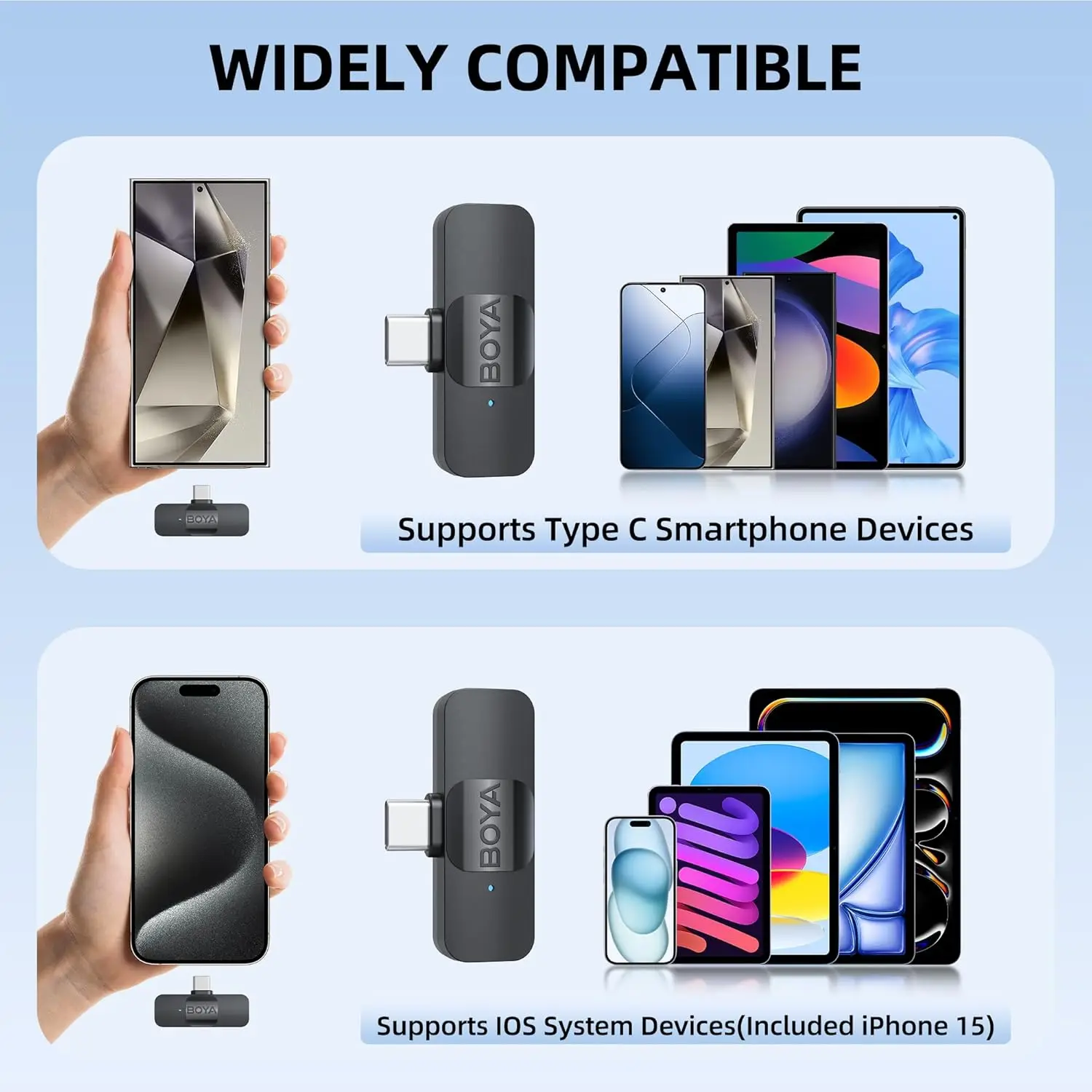 Micrófono de solapa Lavalier inalámbrico BY-V para iPhone, Android, teléfono inteligente, PC, ordenador, dispositivos de USB-C, grabación en Streaming de Youtube