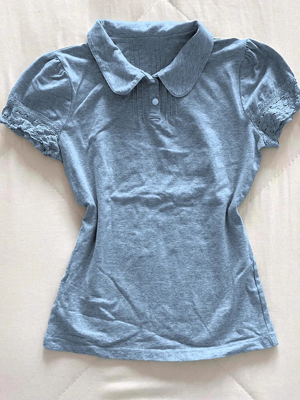 BaoYao فتاة الأصلي الرجعية ey irt ort Sve تي شيرت المرأة الصيف الدانتيل الربط تصميم فريد من نوعه الكورية Sle القطن