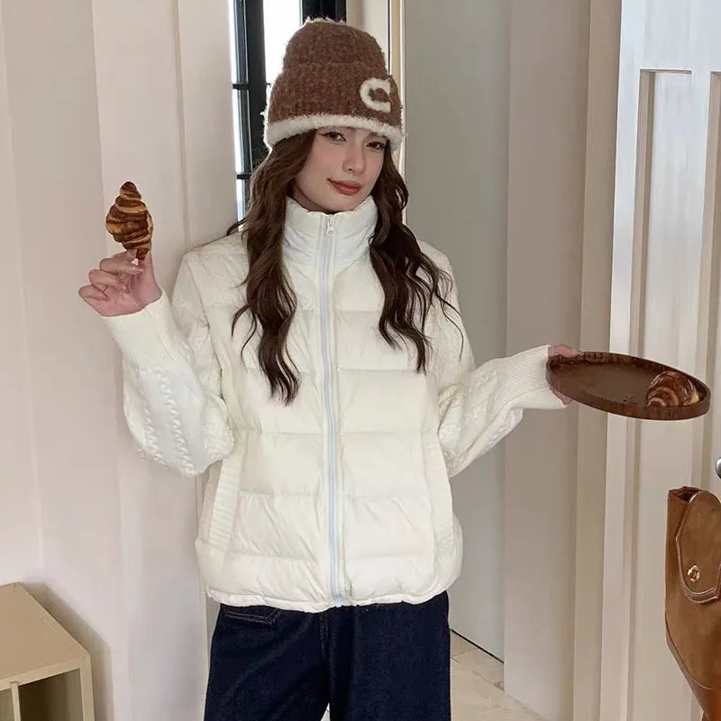 Winter Patchwork Parkas for Women Thick Warm Knitted Sleeve Splicing Puffy Coats Korean Loose Preppy Zipper Down Outwear New