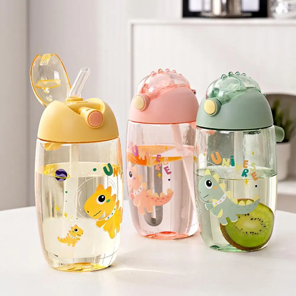 500ML Children's Water Bottle School Portable Cartoon Dinosaur Straw Cup Anti Drop Out Water Cup With Straw And Lid Space Cup