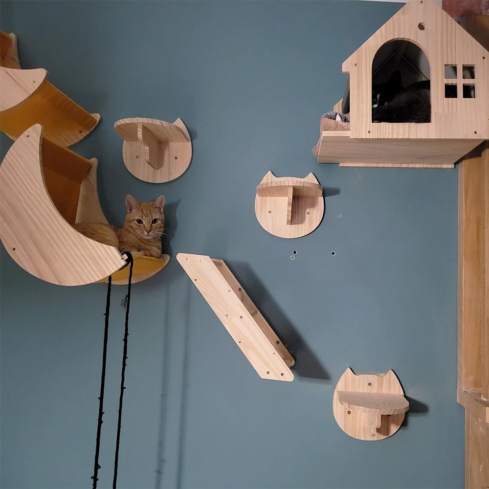 

Cat Tree Wall Mounted Cat Climbing Shelves Frame Wooden Hammock with Jumping Platform and Scratching Post Pet Indoor Furniture