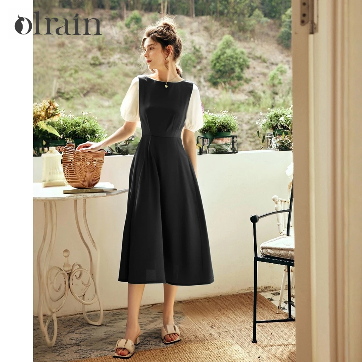 

OLrain Summer Elegant Dresses 2025 Woman Contrast Short Sleeve French Fashion Fitted Midi Black Dress Woman Clothing O57XL98223