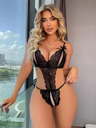 Conjunto de lingerie sexy com renda para mulheres, exótico quente, virilha aberta, roupa íntima transparente, fio dental, biquíni de bandagem, conjunto de três pontos