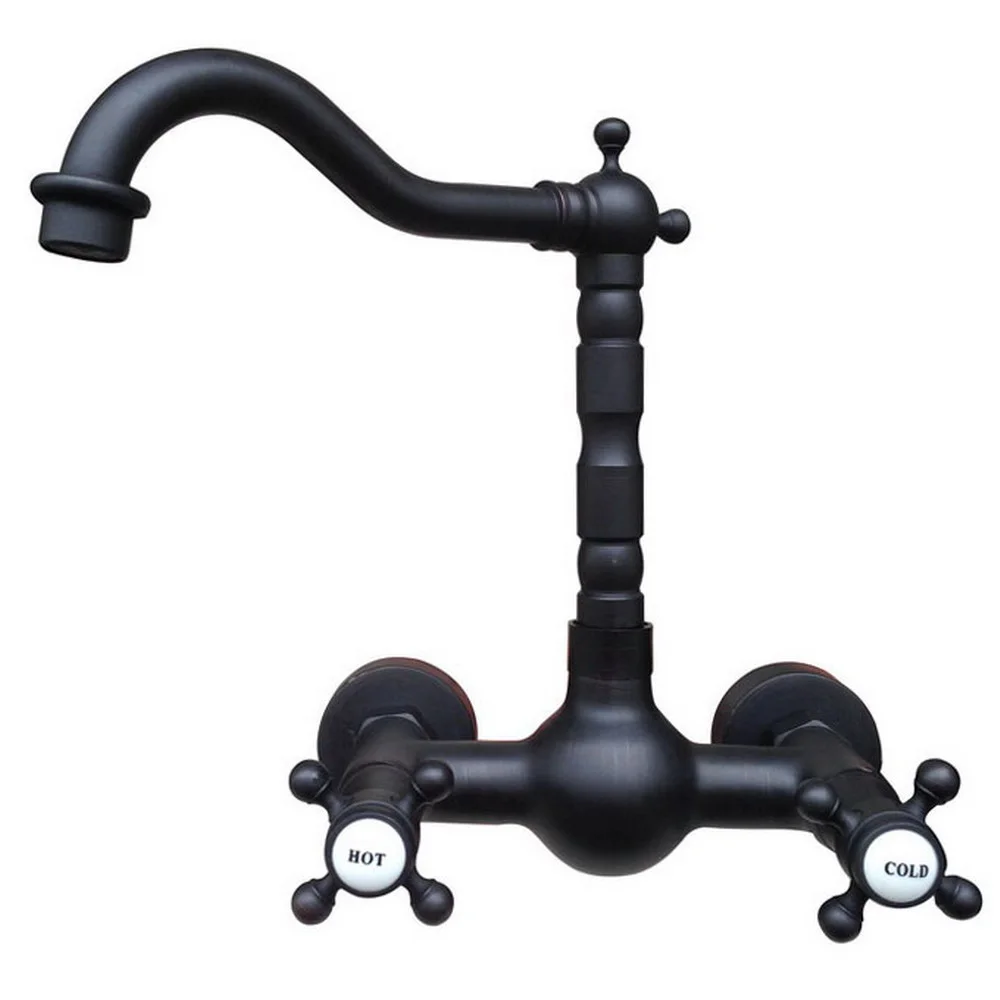 

Black Oil Rubbed Brass Dual Cross Handles Kitchen Sink Mixer Tap / 360 Swivel Spout Vessel Sink Faucets Wall Mounted tnf525