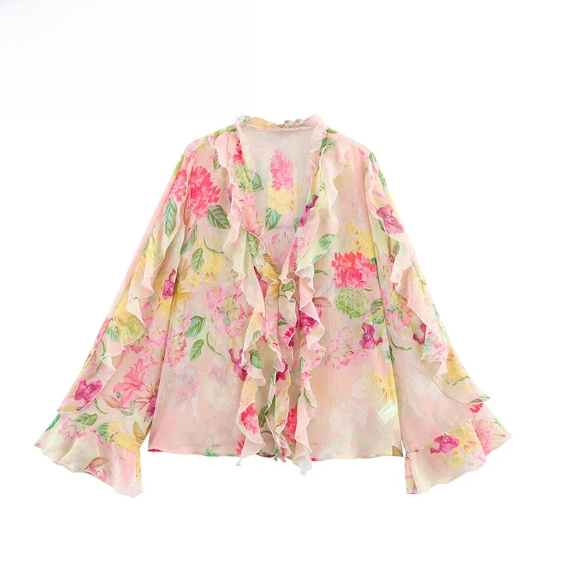 

ZAB Autumn New Women's Casual Loose Fit irt Long Sve V Ne Floral Print Layered Decorative Blouse Polyester Fiber