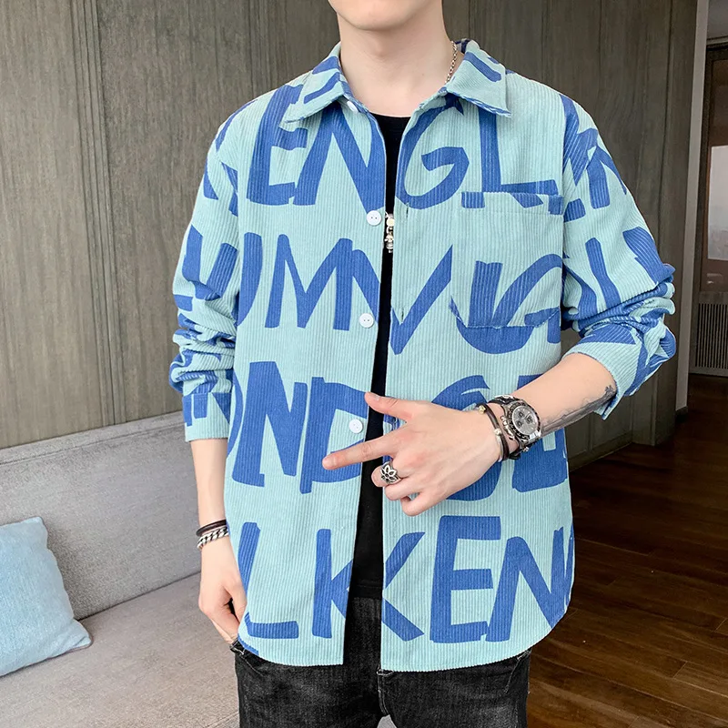 

Men Clothing Shirt Long Sleeve Lapel Personality Letter Full Printing Harajuku Style Ins Trendy Casual Streetwear Tops